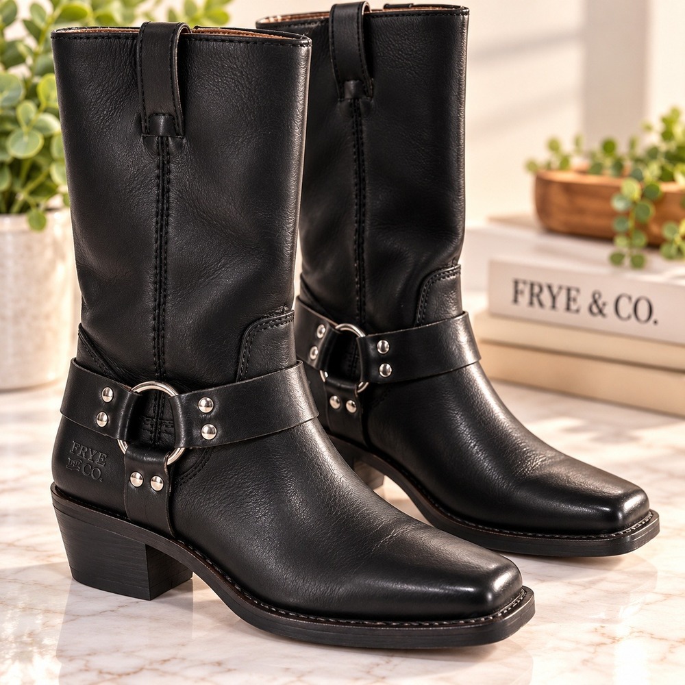 Frye and Co Lorrie Harness Black Square Toe Mid Calf Boots 7.5 M FOF25-00028-001